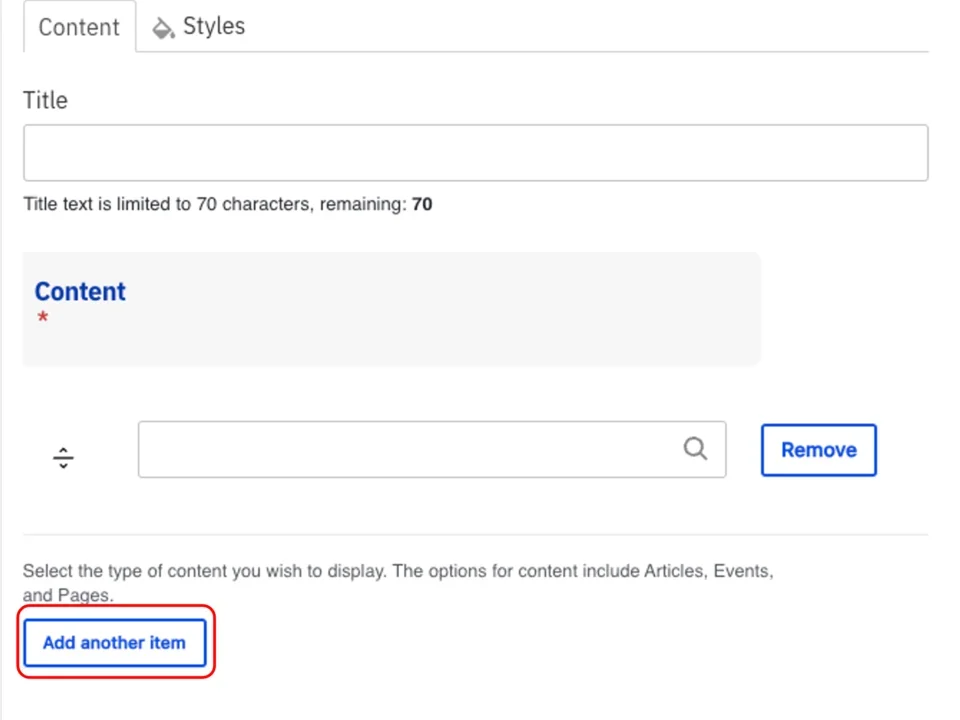 Example of the curated content add another item button 