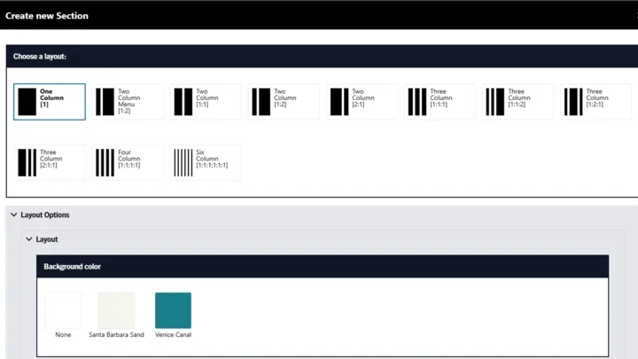 Configuring a one column section with a backjground color in the Web Platform