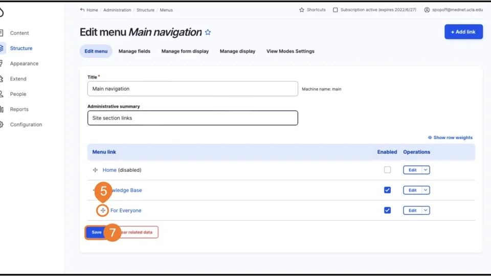 Example of reordering menu step 5 & 7