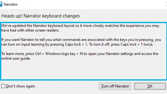 Windows Narrator start or stop options 
