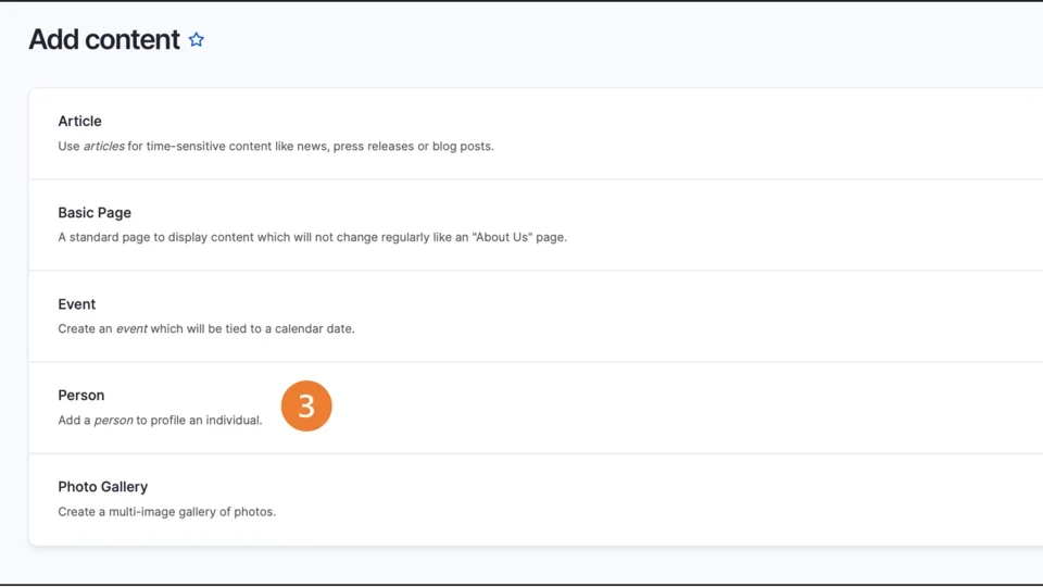 Adding content option page step 3 selecting Person Page