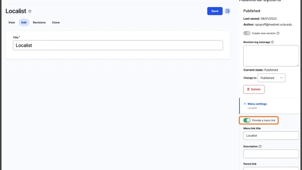 Example of Additional Options section, untoggle Provide a menu link