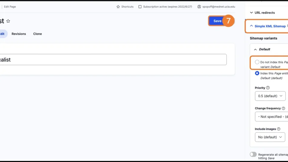 Additional Options section, expand the Simple XML Sitemap section and selected Select Do not index this Page entity in variant Default.