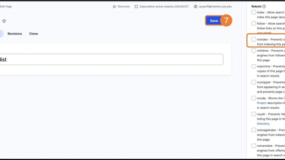 Example of selected the checkbox noindex - Prevents search engines from indexing this page save button.