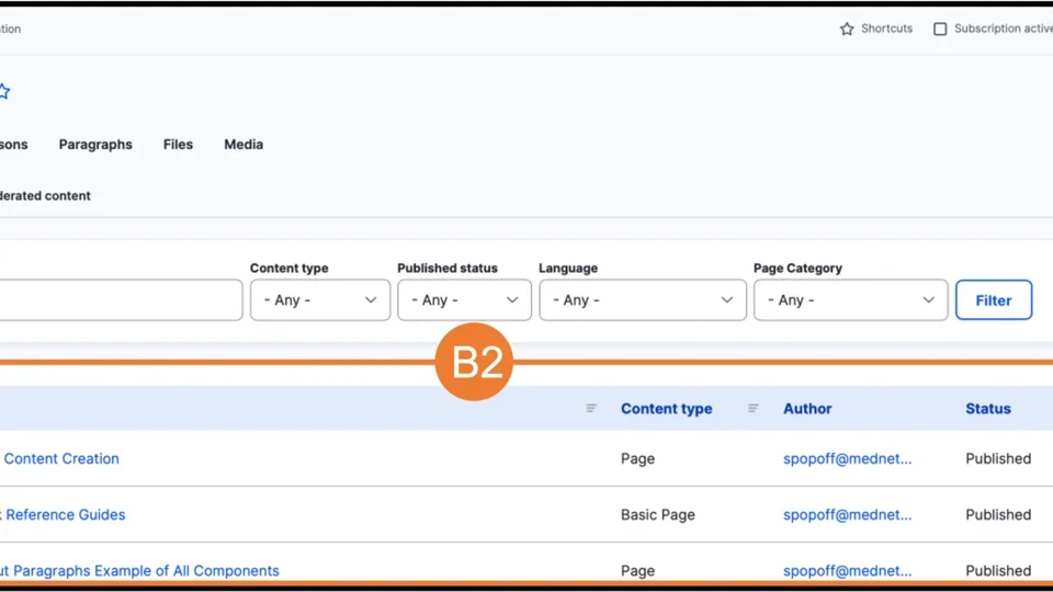Example of how to get to the content creation page (Steps B1, B2 and C1) 
