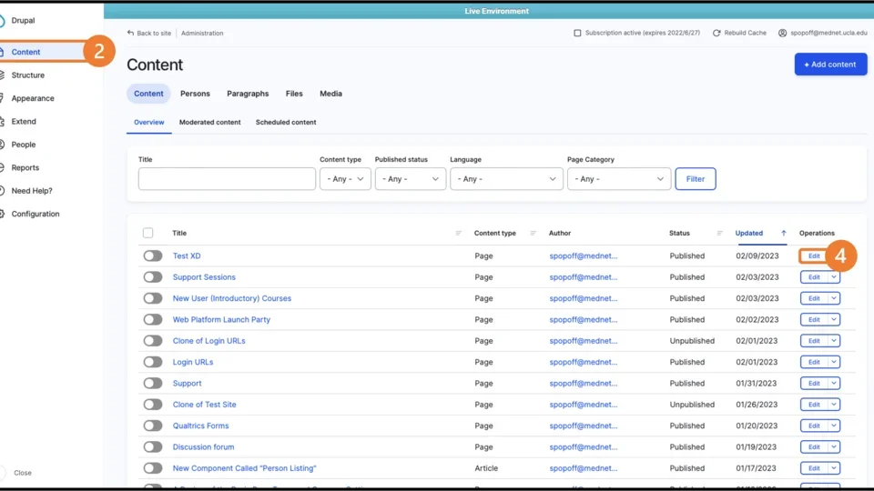 Example of the content overview page with steps 2 & 4 hi-lighted 