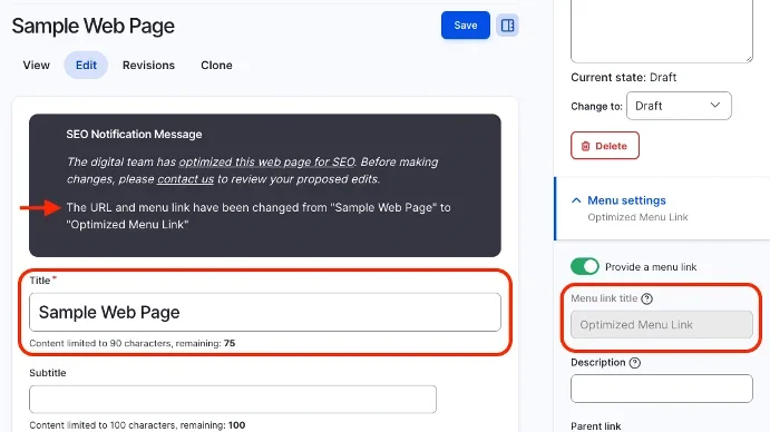 Screenshot of Menu Link Functionality Update