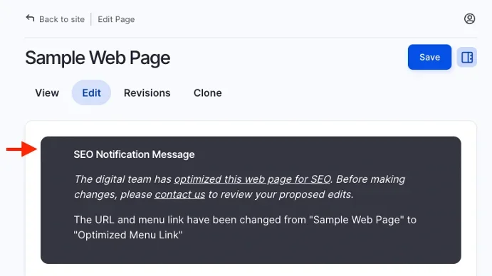 Screenshot of SEO Notification Message