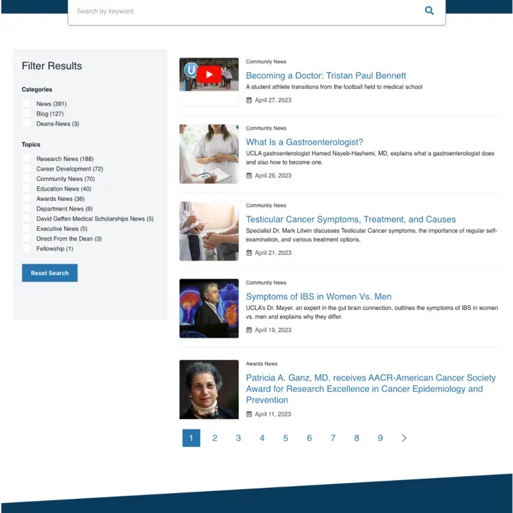 Example of the new search page for articles and events