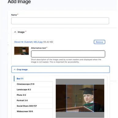 The cop image widow where a user can change what part of the image is used in the site