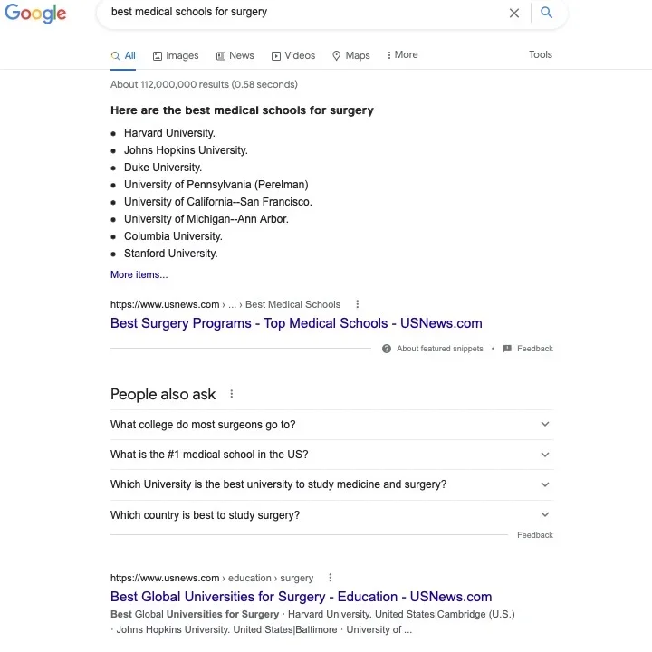 Example SERP Page for the keyword "best medical schools for surgery"