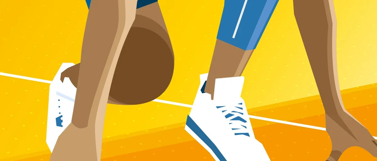 Graphic of a person's wearing tennis shoes about to begin a race 