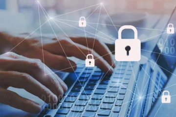 Hands typing on a laptop with illustrated padlock icons representing online security