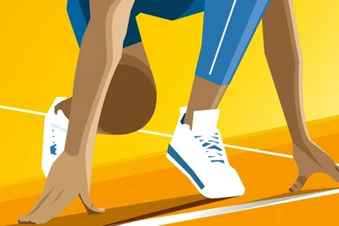Illustration of a person's wearing tennis shoes about to begin a race 