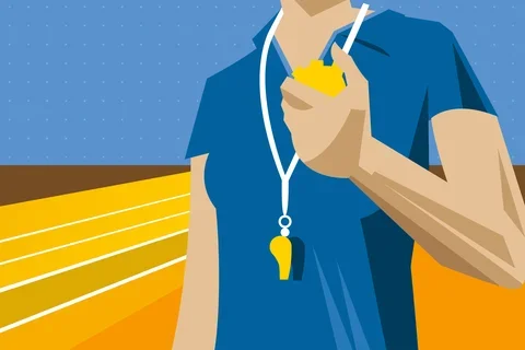 A person wearing a whistle and holding a timer on a race track