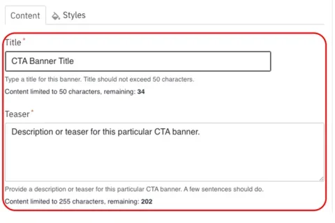 Example of the CTA Banner Title and Teaser fields with sample text 