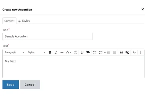 Example of editing the accordion title and Text fields 