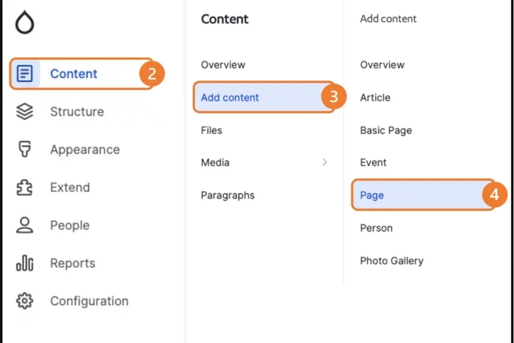 Example of menue to add a page (steps 2 to 4)