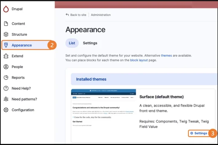 Example of the Appearance and Settings options 