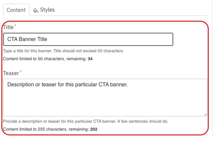 Example of the CTA Banner Title and Teaser fields with sample text 
