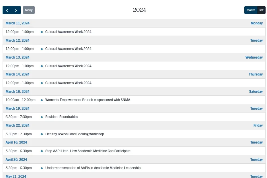 Example of events calendar component in list view