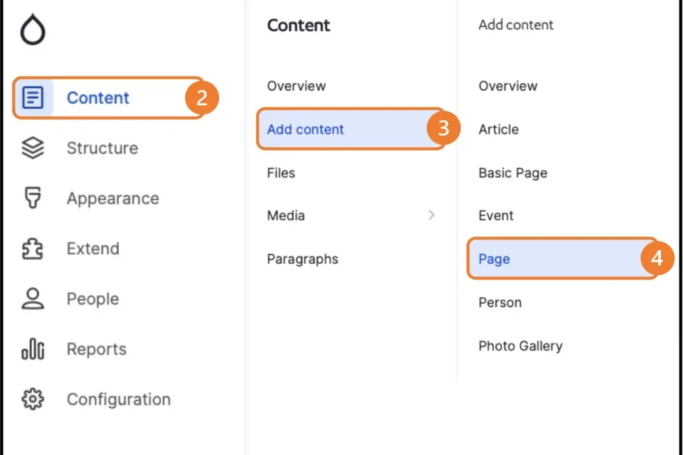 Example of menue to add a page (steps 2 to 4)