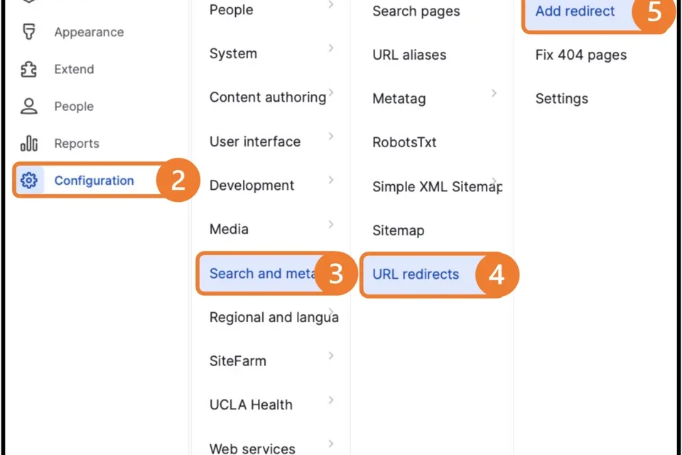 Example of Menu Configuration > Search and Metadata > URL Redirects > Add Redirect (Steps 2 to 5)