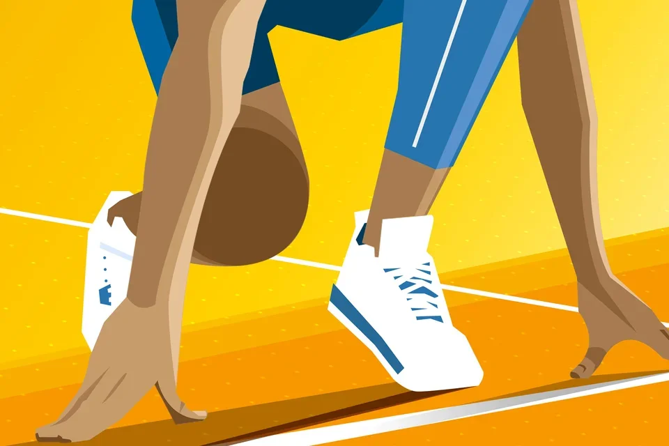 Graphic of a person's wearing tennis shoes about to begin a race