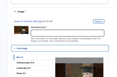 The cop image widow where a user can change what part of the image is used in the site
