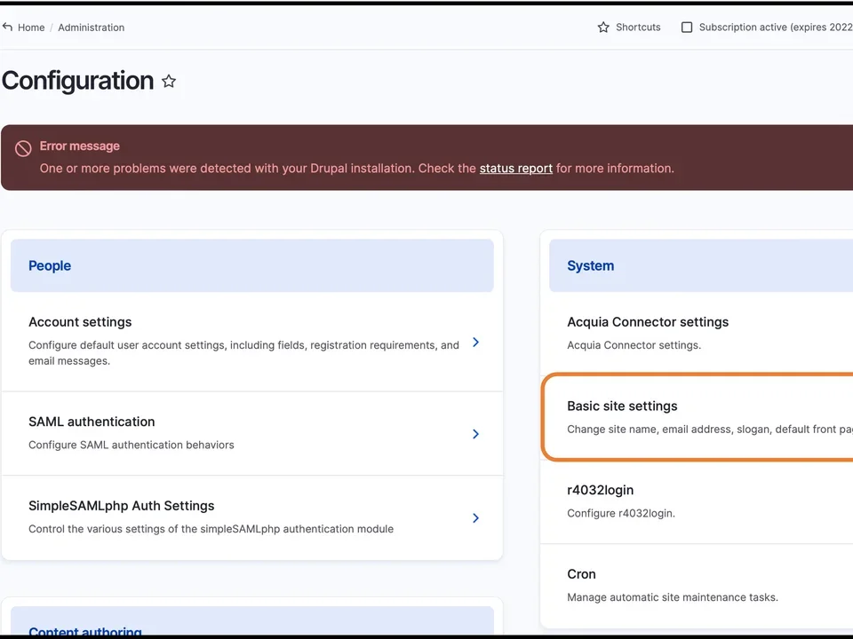 Edit section on the Drupal Admin Panel Configuration and Basic site settings