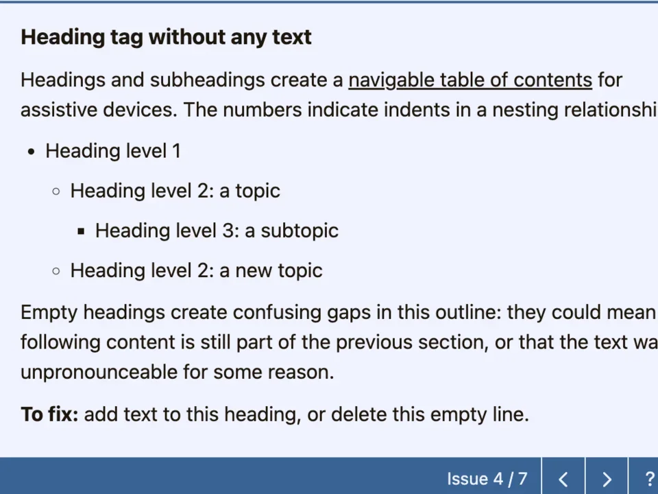 Example of the accessibility checker flagging an issue on the webplatform