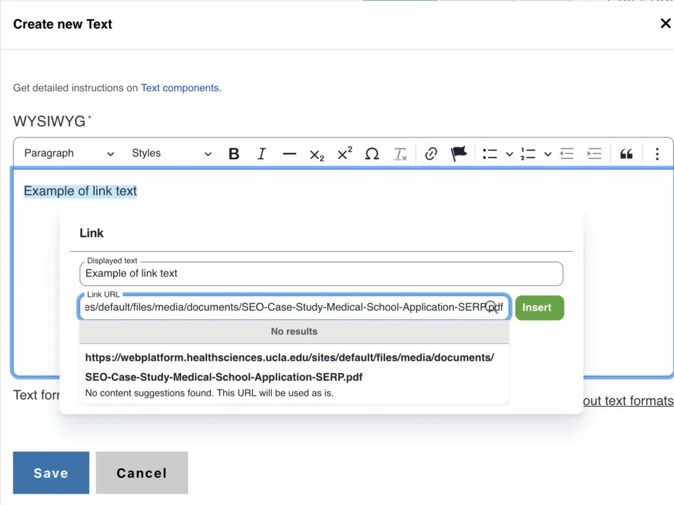 Example of adding a linked document into the text field