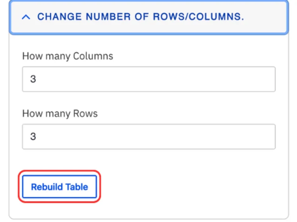 Rebuilt table after changing the number of rows and columns
