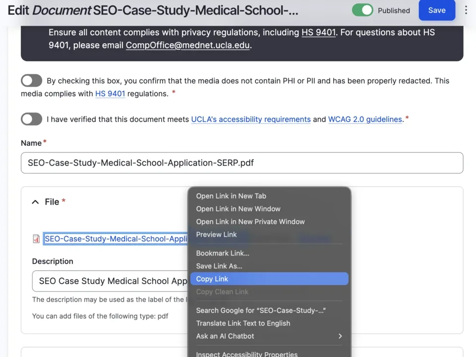 Example of copying the link address of a document