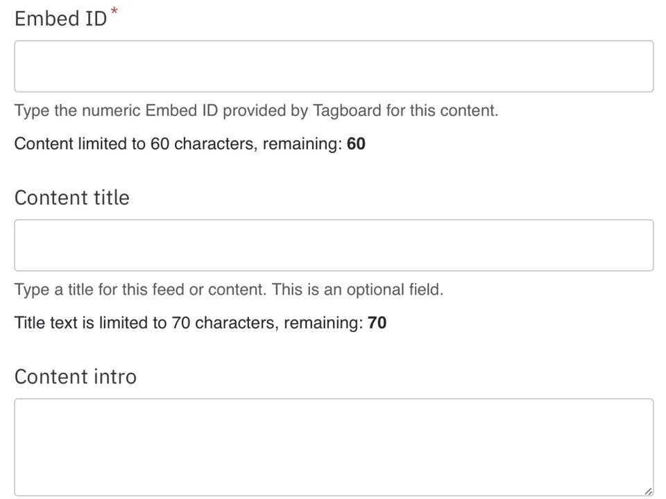Interface for creating a new tagboard embed