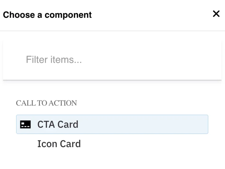Choosing the CTA Card component from the section menu.