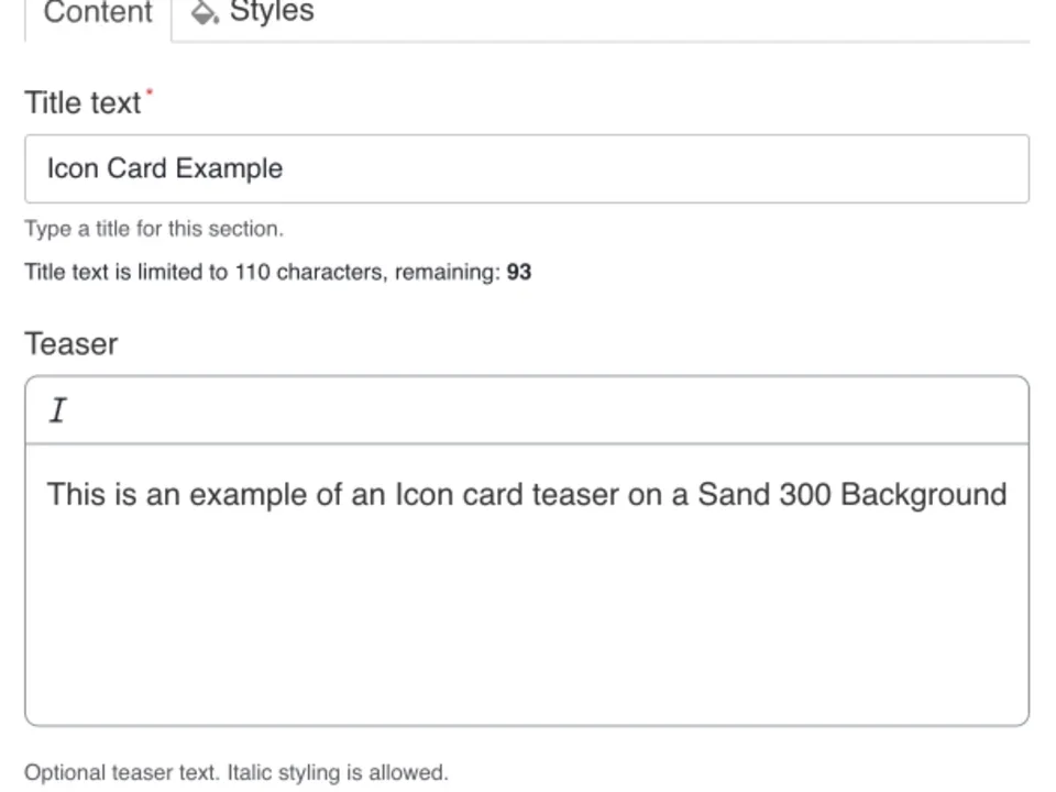 Example of the section heading text fields for an icon card
