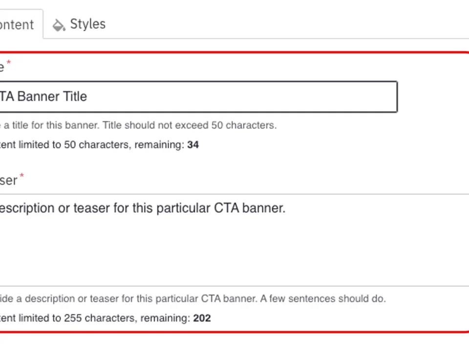 Example of the CTA Banner Title and Teaser fields with sample text 