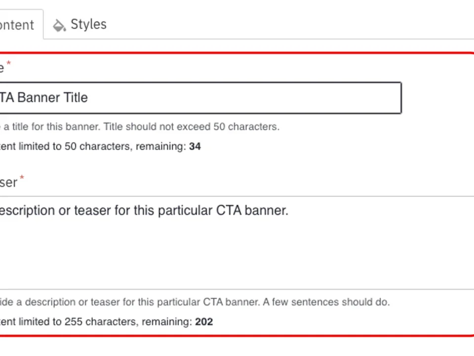Example of the CTA Banner Title and Teaser fields with sample text