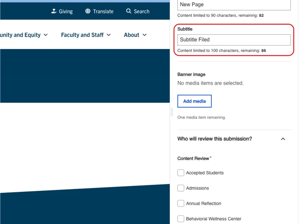 Example of the page subtitle field outlined
