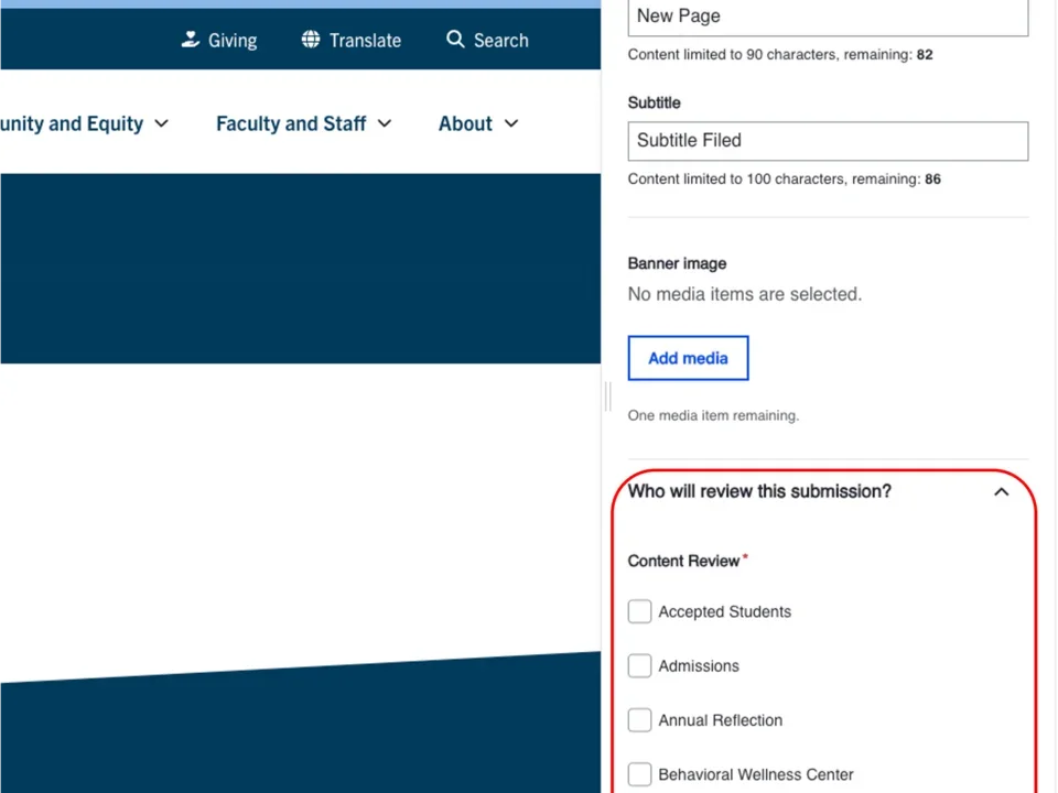 Example of the page page who will review this submission section  outlined