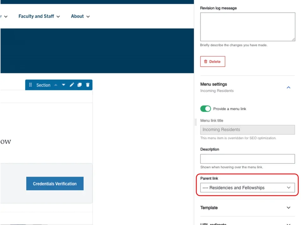 Example of the parent link menu dropdown 