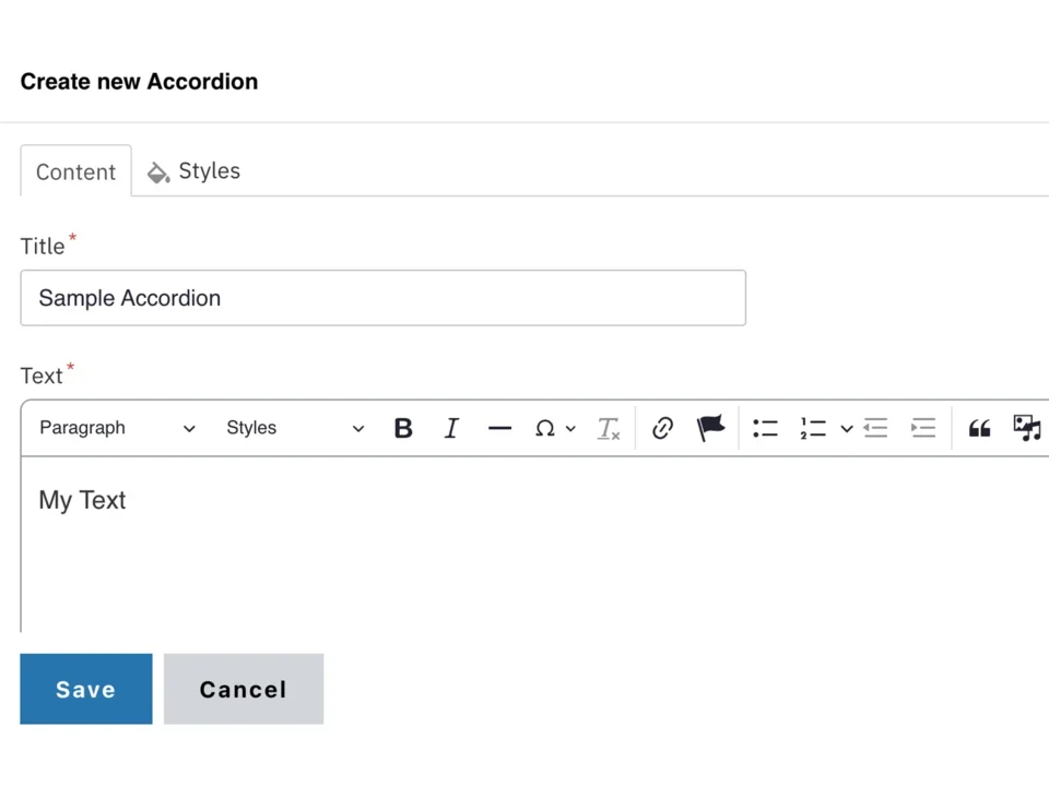 Example of editing the accordion title and Text fields 