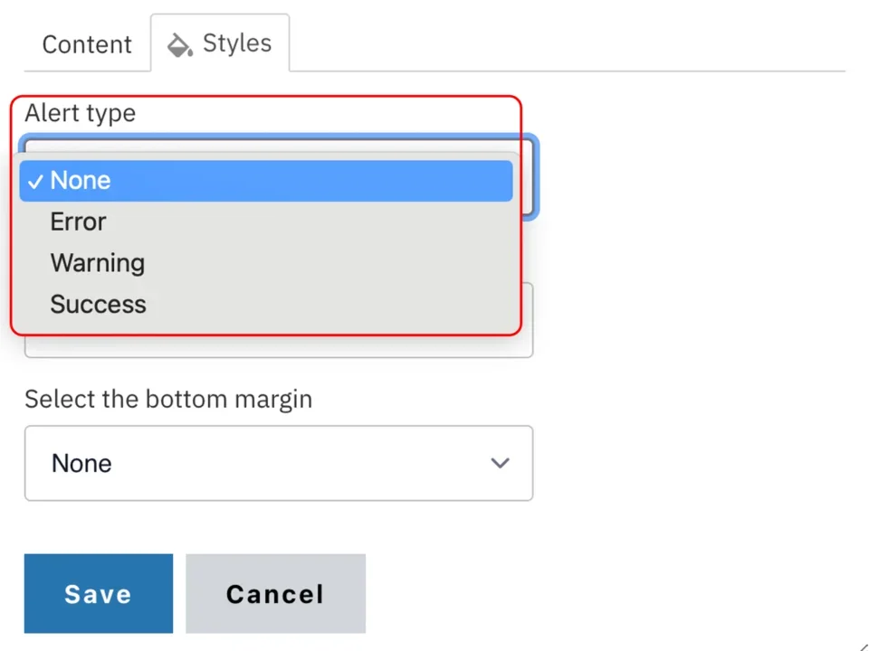 Example of the alert type dropdown 