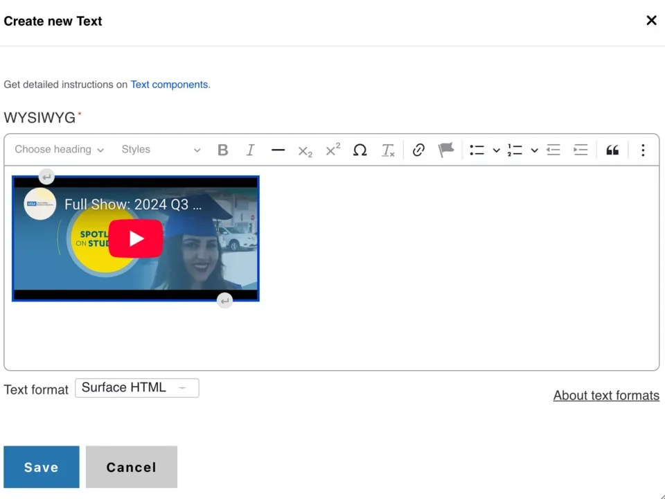 Example of saving a video in the text editor