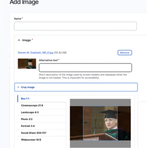 The cop image widow where a user can change what part of the image is used in the site