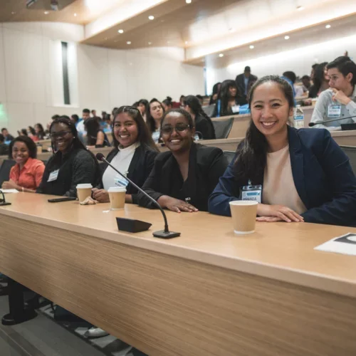 Medical students in a lecture in Geffen Hall smiling at the camera