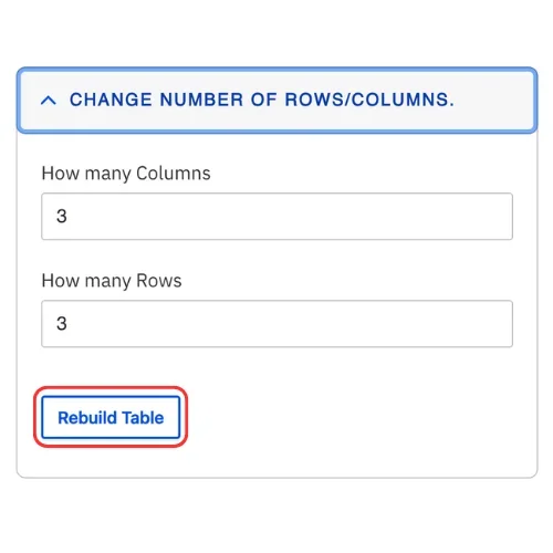 Rebuilt table after changing the number of rows and columns