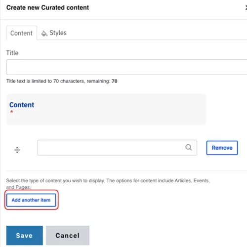 Example of the curated content add another item button 