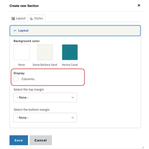 Example of a display columns check box 